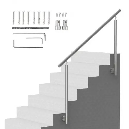 VEVOR Leuningen voor buitentrappen, 150 cm lange trapleuningset, roestvrijstalen overgangsleuning met montageset, dubbele trapleuning voor senioren, veranda en terras, zijmontage