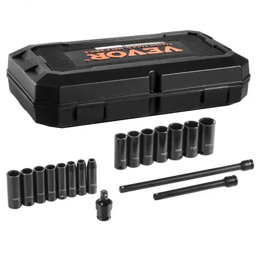 VEVOR 3/8 inch slagdoppenset, 18-delige diepe doppenset, metrisch 8-22 mm, 6-punts CR-V-gelegeerd staal voor autoreparatie, inclusief opbergkoffer, zwart