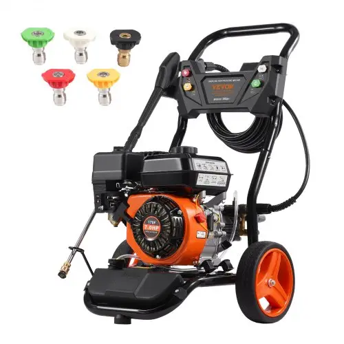 VEVOR Benzine Hogedrukreiniger, 3950 PSI 10 L/min, 2,6 GPM Terrasreiniger met Koperen Pomp, Hogedrukpistool & Verlengstuk, Set van 5 Spuitmonden, voor Auto's, Hekken, Huizen, Opritten, Terrassen