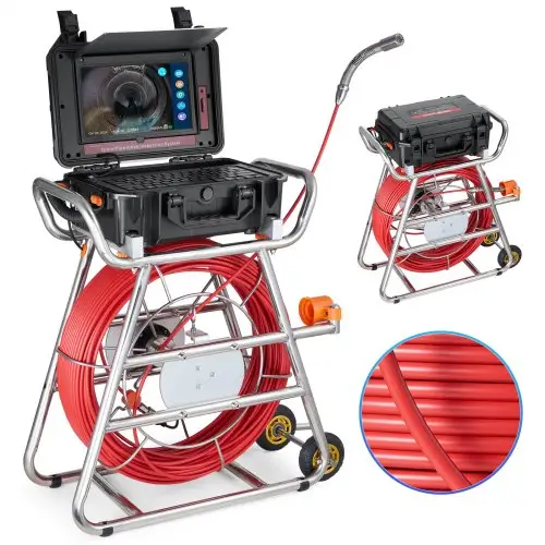 VEVOR 100m rioolcamera, 10,1-inch touchscreen zelfnivellerende inspectiecamera voor leidingen met 512Hz zender en afstandsmeter, 12 LED's, IP67 pijpcamera-endoscoop met 32GB geheugenkaart