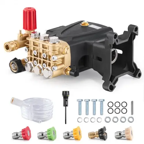 VEVOR Hogedrukreinigerpomp, 1-inch schacht, horizontale drievoudige plunjer, 4000 PSI, 4,0 GPM, vervangende hogedrukreinigerpompset met 5 sproeiers, reservepomp voor maximaal 500 uur continu gebruik, vervangende pomp