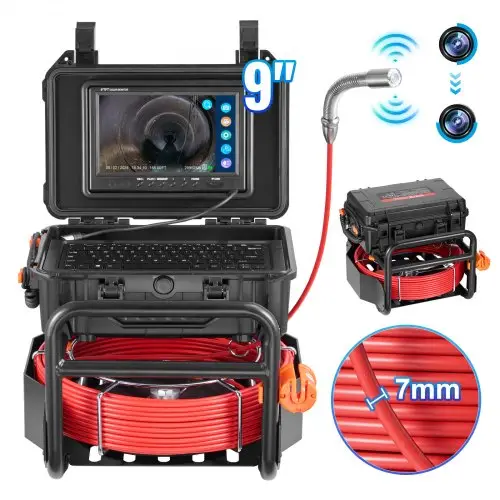 VEVOR Rioolcamera, 50 m zelfnivellerende buiscamera met 512 Hz-zender, afstandsmeter, 9-inch scherm, 1080P HD-buisinspectiecamera met 12 LED's en 32 GB-kaart, endoscoop voor rioolbuizen