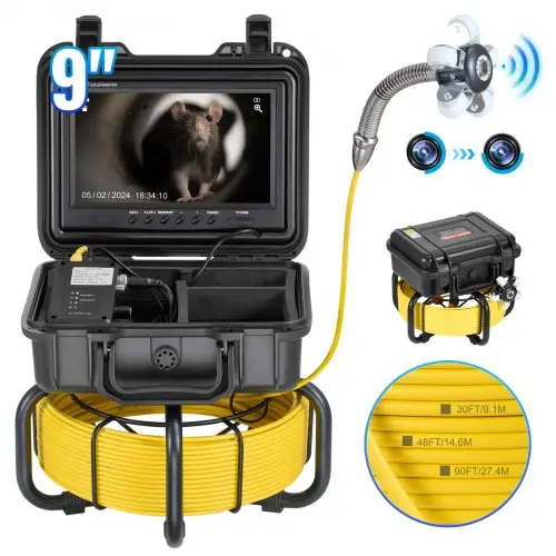 VEVOR 30m rioolcamera, zelfnivellerende inspectiecamera voor leidingen met 9-inch 1080p HD-scherm, 36x zoom, IP68, 12 LED's, 32GB geheugenkaart, endoscoop voor rioolbuizen