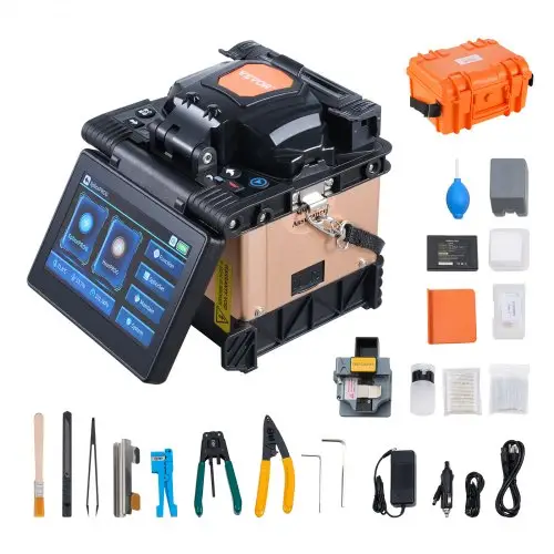 VEVOR Fiber Optic Fusion Splicer, 4 motoren, uitlijningslaser, 6s splitsing en 13s verwarmingstijd, Fiber Fusion Splicer met 5-inch touchscreen, 3-in-1 glasvezelhouder, 7800mAh-batterij voor SM MM DS NZDS
