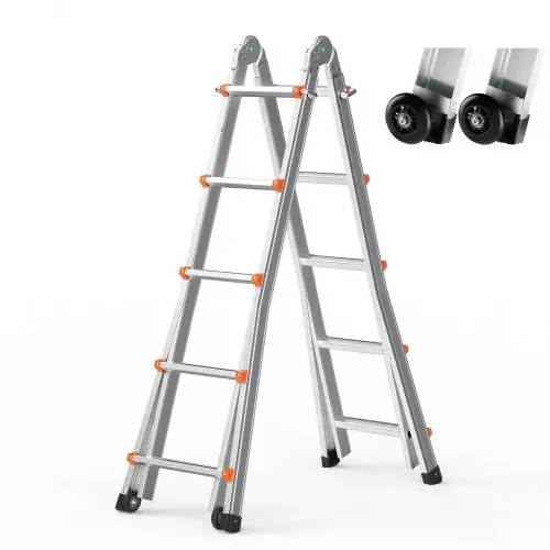 VEVOR 5120 mm A-frame telescopische ladder, compacte aluminium verlengladder, multifunctionele opvouwbare camperladder, voor huiswerk, trappen, binnen- en buitendaken, draagvermogen 150 kg