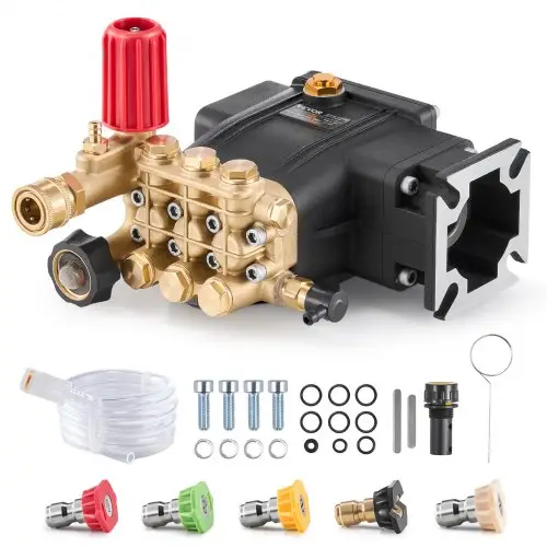 VEVOR hogedrukreinigerpomp, 3/4-inch schacht, horizontale drievoudige plunjer, 3300 PSI, 2,5 GPM, vervangende hogedrukreinigerpompset met 5 sproeiers, tot 500 uur continu gebruik, vervangende pomp