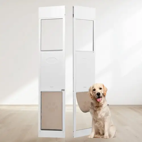 VEVOR Hondenluik voor Schuifdeuren 1927-2049 mm Hoogte Verstelbare Hondenluik Schuifdeuren, Gehard Glazen Huisdierenluik met Aluminium Frame & Scharnierconstructie, Klep en Slot voor Grote Honden