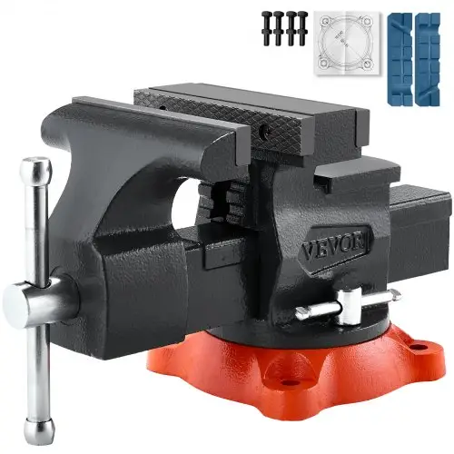 VEVOR bankschroef, bekbreedte 140 mm, maximale bekopening 140 mm, 360° draaibare vergrendelingsvoet, 73 mm keel, werkbankschroef van nodulair gietijzer, tweezijdige bekken voor het klemmen van ronde buizen