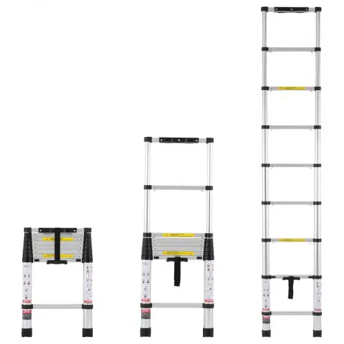 VEVOR Telescopische Ladder, 2,6 m lang, Aluminium Uitschuifladder, Opvouwbare Ladder met Intrekknop, Draagvermogen 170 kg met Antislipvoetjes, Draagbare Compacte Ladder voor Thuis, Camper, Zolder