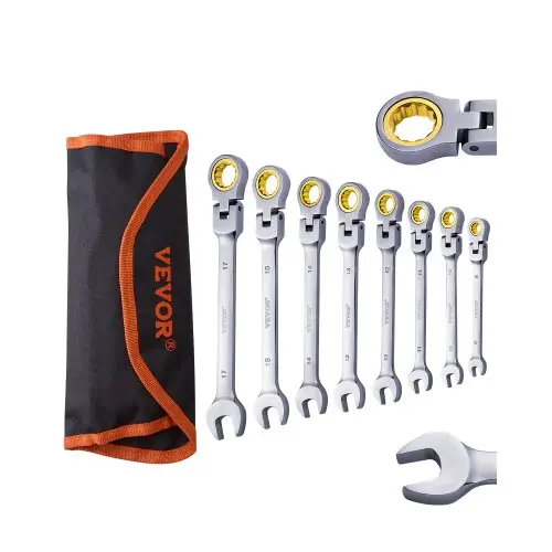 VEVOR Flexhead ratelsleutelset 8-delige ringsleutelset met oprolbare koffer, flexibele ratelsleutelset van Cr-V-staal, metrisch 8 mm tot 17 mm, ideaal voor huishoudelijke en autoreparaties
