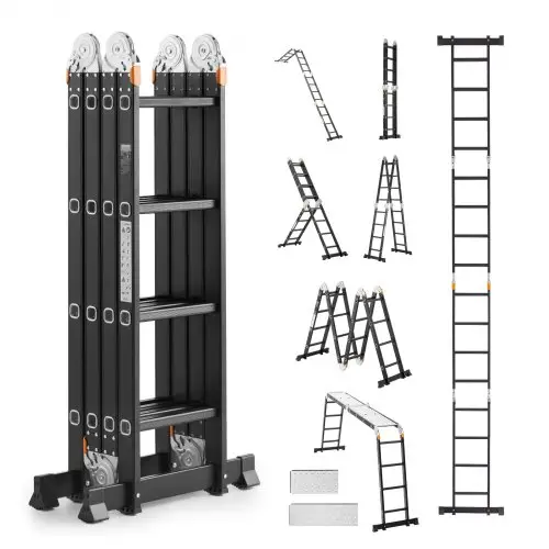 VEVOR Multifunctionele Ladder, 7-in-1 Multifunctionele Ladder, A-Frame met 4 Treden en Steigerplank, Telescopische Ladder, Ladderframe 4650 mm, Zwaar, Draagvermogen 150 kg, voor Buitengebruik