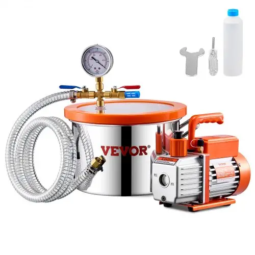 VEVOR 5,68 L vacuümkamer en 3,5 CFM pomp, roestvrijstalen kamer, 1-traps vacuümpomp ontgassingskamerset, met acryl deksel, olie, 1,5 m slang, vacuümpompset voor het ontgassen van hars, siliconen epoxyharsen