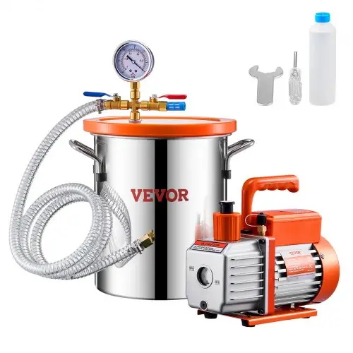 VEVOR 11,36L vacuümkamer en 3,5 CFM-pomp, roestvrijstalen kamer, eentraps vacuümpomp, ontgassingskamerset, met acryldeksel, olie, 1,5 m slang, vacuümpompset voor het ontgassen van hars, siliconen epoxyharsen