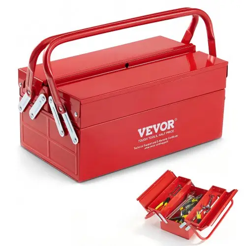 VEVOR Gereedschapskist 355,6 x 200 x 165 mm, 2-laags, 3-compartimenten, gereedschapskist met handvat en slotgat, gepoedercoat staal, gereedschapskoffer voor huishouden, fabriek, magazijn, reparatiewerkplaats, rood
