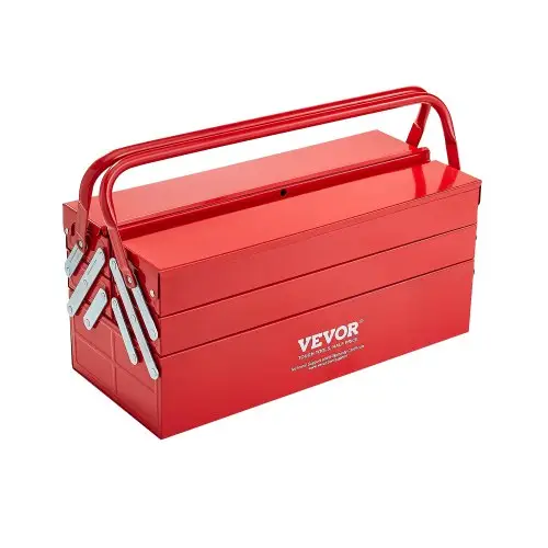 VEVOR Gereedschapskist 457,2 x 200 x 215 mm, 3-laags, 5-compartimenten, gereedschapskist met handvat en slotgat, gepoedercoat staal, gereedschapskoffer voor huishouden, fabriek, magazijn, reparatiewerkplaats, rood