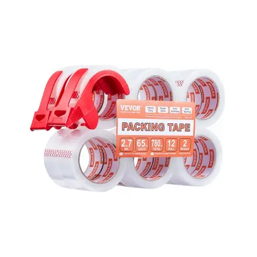 VEVOR Transparante verpakkingstape, kern 76,2 mm, verpakking van 12 stuks 47,8 mm x 59,436 m Pakkettape met dispenser, 0,068 mm sterke tape, ideaal voor verhuizingen, opslag en verpakking, verzending en postverzending