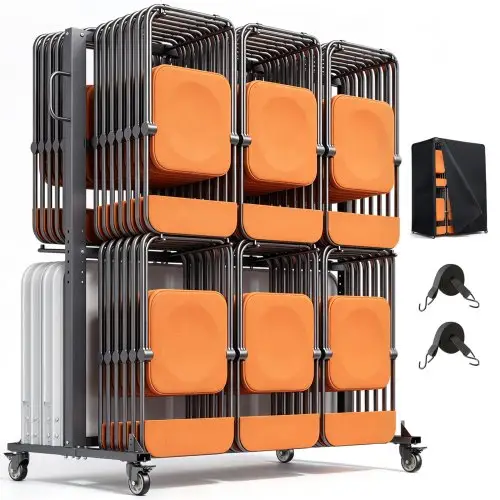 VEVOR Opvouwbare Stoelstandaard, Draagvermogen 361 kg, Stoelenkar voor 84 stoelen/12 tafels, Dubbellaagse stoelopslagkar met rubberen wielen en houders, Grote stoelhouder, Matzwart