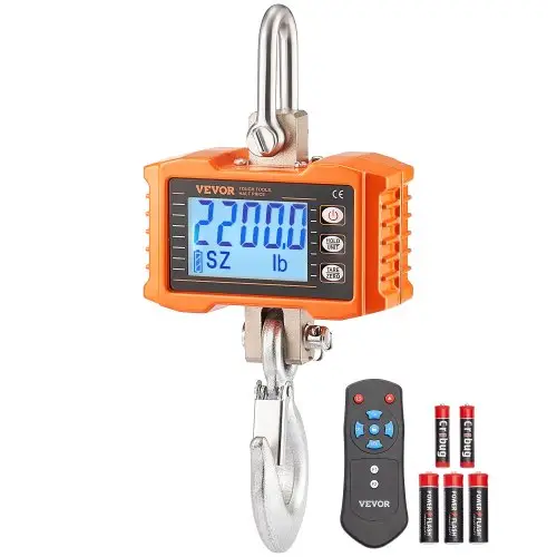 VEVOR Industriële hangweegschaal, 1000 kg, robuuste digitale kraanweegschaal met afstandsbediening, lastweegschaal, gegoten aluminium behuizing, zeer nauwkeurig LCD-scherm voor bouw, fabriek, boerderij, jacht, oranje