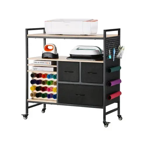 VEVOR knutselkar met tafelblad, compatibel met Cricut-machines, rollende knutselkar met 20 vinylrolhouders en 3 lades, knutselorganizer zwart
