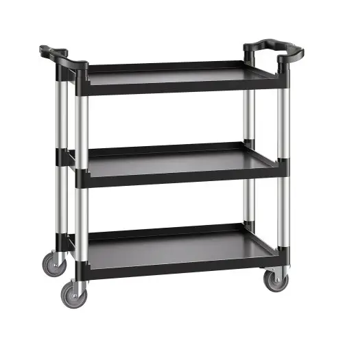 VEVOR multifunctionele trolley, draagvermogen 226 kg, universele trolley met 3 niveaus, gemaakt van kunststof met 360° zwenkwielen (2 met remmen), 106x49x98 cm. Serveerwagen voor magazijn, kantoor, thuis, restaurant en keuken.