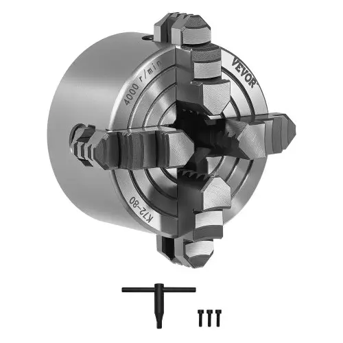 VEVOR 4-klauwplaat, 80 mm, spantang, klembereik 5-80 mm met T-sleutelbevestigingsschroeven, omkeerbare bekken, materiaal HT300, voor hout-/metaaldraaibank