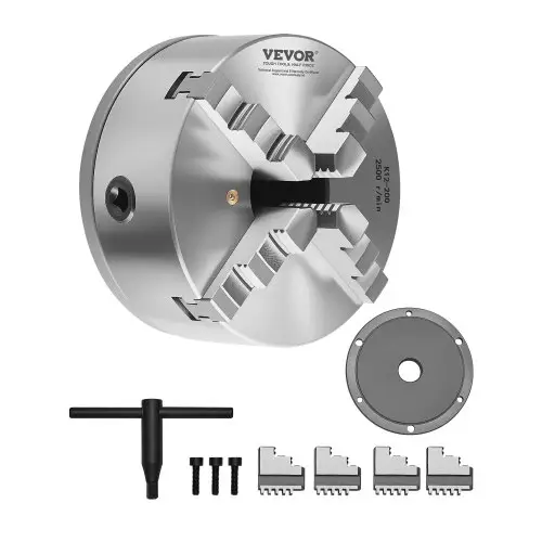 VEVOR 4-klauwplaat, φ200 mm, zelfcentrerende klauwplaat met 38,1 mm 8-draads inzetplaat, klembereik 4-200 mm met T-bouten, HT300 materiaal, voor hout-/metaaldraaibanken