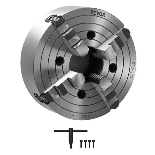 VEVOR 250 mm 4-klauwplaat, klembereik 15-250 mm met T-sleutelbevestigingsschroeven, omkeerbare klauwen, materiaal HT300, voor hout-metaaldraaibank