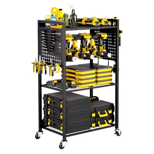 VEVOR 4-laags gereedschapswagen, draagvermogen 68 kg, werkplaatswagen met verrijdbare boorhouder en stevig opbergvak, montagewagen voor de garage, werkplaats, garage, zwart, 560 x 350 x 970 mm