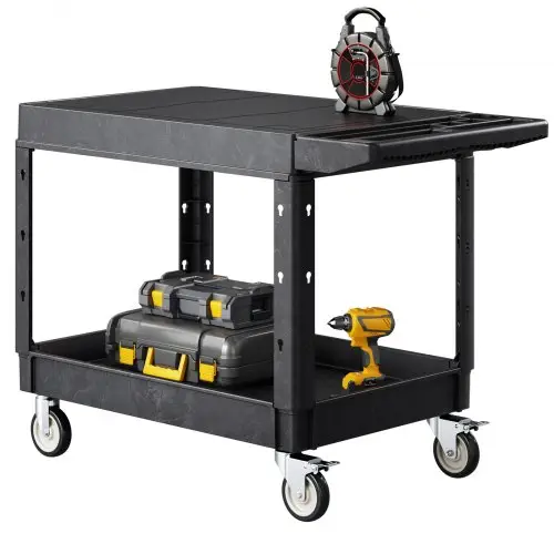 VEVOR Gereedschapswagen, draagvermogen 250 kg, werkplaatswagen, multifunctionele wagen van kunststof met twee schappen en 360° zwenkwielen (2 met remmen), geschikt voor magazijn, garage en schoonmaak, 1180x650x865 mm