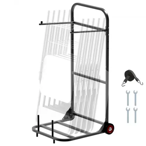 VEVOR Stoelenkar, Opvouwbare Stoelstandaard, Draagvermogen 45 kg, Robuuste Stoelenkar voor het Ophangen van 10 Stoelen, Metalen Stoelenkar met Rubberen Wielen, Push-Move Stoelhouder, Matzwart
