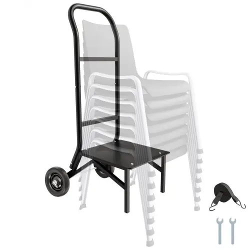 VEVOR Opvouwbare Stoelstandaard, Draagvermogen 68 kg, Opvouwbare Stoelkar voor het Stapelen van 10 Stoelen, Multifunctionele Metalen Stoelkar met Rubberen Wielen, Push-to-Move Stoelhouder, Matzwart