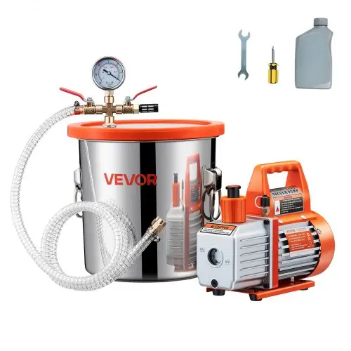 VEVOR 11,36L vacuümkamer met pomp, 99 l/min, roestvrijstalen ontgassingskamerkit, één fase, gehard glazen deksel, 1,5 m slang, voor het stabiliseren van houtontgassingssiliconenhars