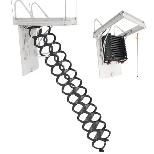 VEVOR Zoldertrap, draagvermogen 299,4 kg, geschikt voor plafondhoogtes van 3,2-3,35 m en openingsmaat 1000,76 x 698,5 mm, uitschuifbare plafondladder van gelegeerd staal met trekstang voor zolder