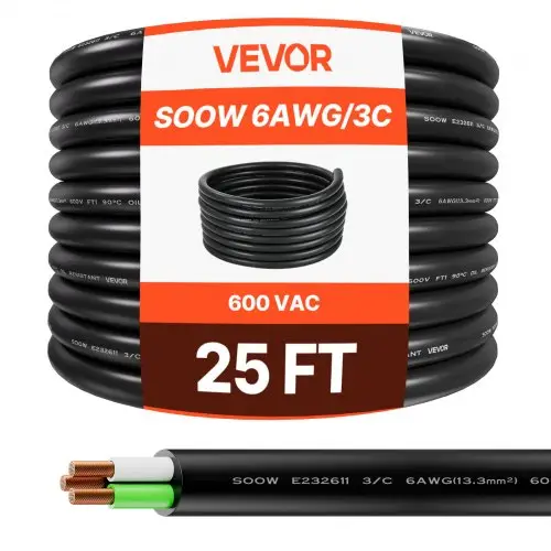 VEVOR 7,62m 6AWG (16 mm²) elektrische kabel, stroomkabel, koperen verlengkabel, draad 600V