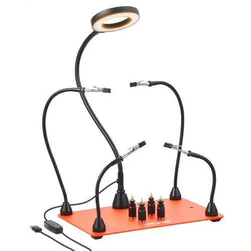 VEVOR Soldeerhulp Derde Hand, Magnetisch Soldeerstation, Soldeergereedschap met 4 Flexibele Armen, met LED-Vergrootlamp, 4 PCB-kolomhouders & Basis, voor Reparaties, Knutselen, Hobby's, Doe-het-zelf