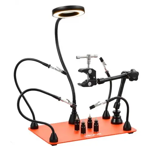 VEVOR Soldeerhulp Derde Hand, Magnetisch Soldeerstation, met 3x LED-vergrootlamp, 4 printplaathouders en 360-graden heteluchtpistoolhouder, Basisstation voor reparaties, knutselen en hobby's