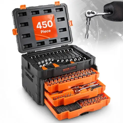 VEVOR Mechanic Tool Set Dopsleutelset (450-delig) 6,4/9,5/12,7 mm aandrijving, diepe en standaard doppen, SAE metrisch Mechanic Tool Set met sleutels en koffer