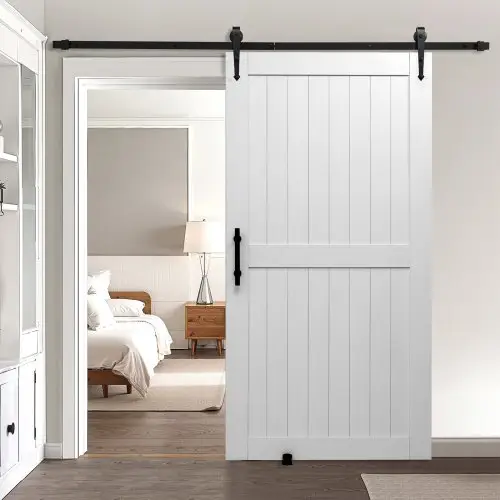 VEVOR Schuifdeursysteem (1067 x 2134 mm) Gemaakt van zeer sterke MDF-platen, schuurdeur met bevestigingsset en waterdicht PVC-oppervlak en H-frame voor woonkamer badkamer wit