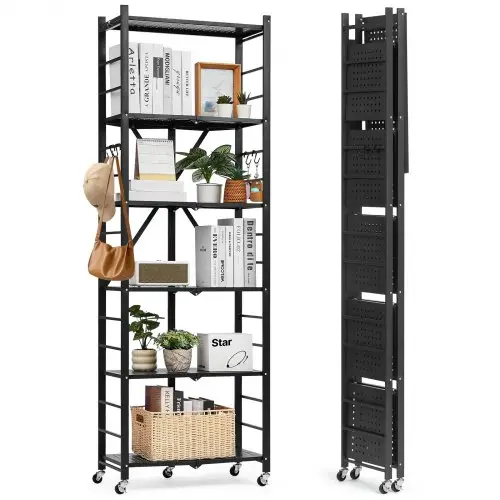 VEVOR 6-laags opvouwbare planken met wielen, 30 x 61 x 183 cm, opvouwbare, robuuste plankenkast, vrijstaande plankenkast, huishoudelijke plankenkast, keukenplankenkast, metalen plankenkast voor garage, keuken, kelder, zwart