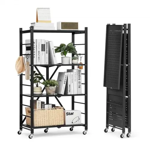 VEVOR 4-laags opvouwbare planken met wielen, 33 x 66 x 117 cm, opvouwbare, robuuste plankenkast, vrijstaande plankenkast, huishoudelijke plankenkast, keukenplankenkast, metalen plankenkast voor garage, keuken, kelder, zwart