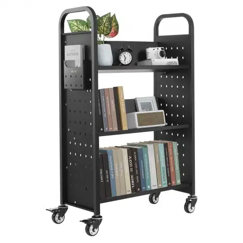 VEVOR Boekenwagen, draagvermogen 150 kg, Bibliotheekwagen, 77 x 38 x 122 cm, enkelzijdige V-vormige boekenplank met dubbele remwielen, Boekenplankwagen voor woonkamer, kantoor, school, zwart