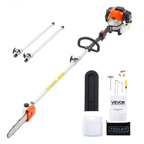 VEVOR benzine-aangedreven snoeischaar met lange steel, 43cc 2-taktmotor, telescopische zaag met uitschuifbare steel van 2,08–3,58 m, zaagblad van 25,4 cm, brandstoftank van 850 ml, voor krachtig zagen in hoge boomkruinen.