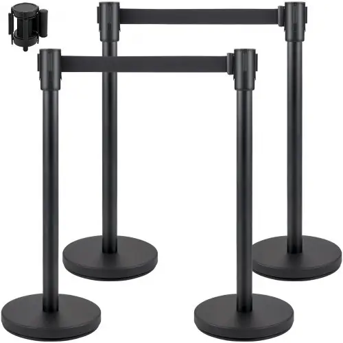 VEVOR Crowd Control Bollards, 4-delige set met 2 m zwarte oprolbare band, crowd control systeem, afzetlint, afzetpalen met betonnen en metalen voetstukken