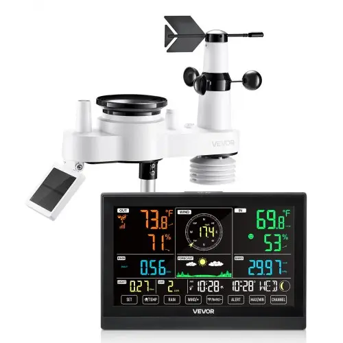 VEVOR 7-in-1 draadloos weerstation, 7,5-inch display, op zonne-energie werkende buitensensor, regenmeter, voor weersvoorspelling, temperatuur, luchtvochtigheid, windsnelheid en -richting (geen wifi)