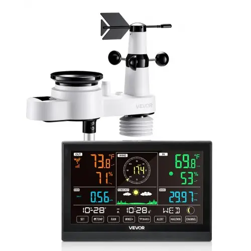 VEVOR 5-in-1 weerstation, 7,5-inch display, op zonne-energie werkende buitensensor, regenmeter, voor weersvoorspelling, temperatuur, luchtvochtigheid, windsnelheid en -richting (geen wifi)