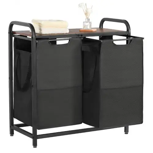 VEVOR Wasmand met houten tafelblad, wassorteerder met 2 uitschuifbare zakken (600D Oxford-stof) en metalen frame, wassorteersysteem voor vuile was Badkamer Zwart