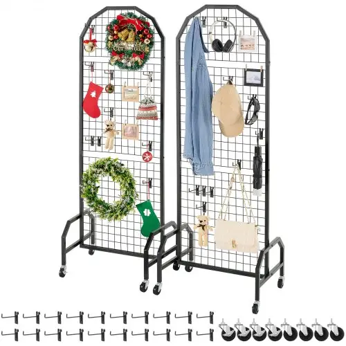 VEVOR Rasterwandpanelen 60 x 164 cm 2 stuks Roldisplaystandaard met 20 haken, displayplanken van koolstofstaal, kunstdisplayplank voor het opbergen van decoratie, zwart