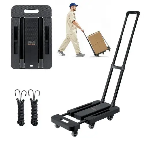 VEVOR Opvouwbare steekwagen, laadvermogen 227 kg, transportkar met 6 wielen, 2 elastische touwen en uitschuifbare basis, transportkar voor luchthaven, bagage, kantoorverhuizingen, zwart, 560 x 305 x 1010 mm