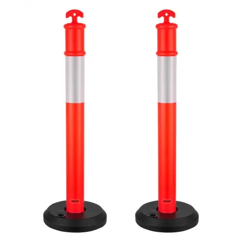 VEVOR Verkeersafbakeningspaal 2 stuks (114 cm) met vulbare voet en reflecterende strips, waarschuwingspaal voor bouwplaatsen, parkeerterreinen, dranghekkenpaal, rood