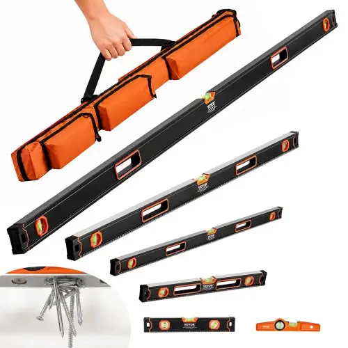 VEVOR Waterpassen Set van 6, 200/120/80/60/40/25cm, Meetinstrument met libellen voor 45/90/180 graden, Magnetische waterpas in doos van aluminiumlegering, Schokbestendig, SAE & metrische schaal